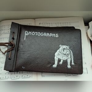 Brown Leather Photograph Album with Bulldog Design With Old Photos Inside